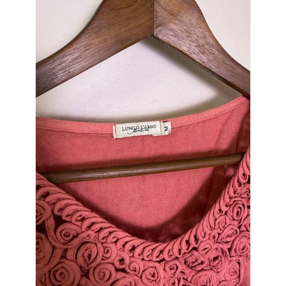 Lungo L'arno M Mini Dress 100% Linen Coral Lagenlook Multimedia Aplique Shift - Picture 2 of 6